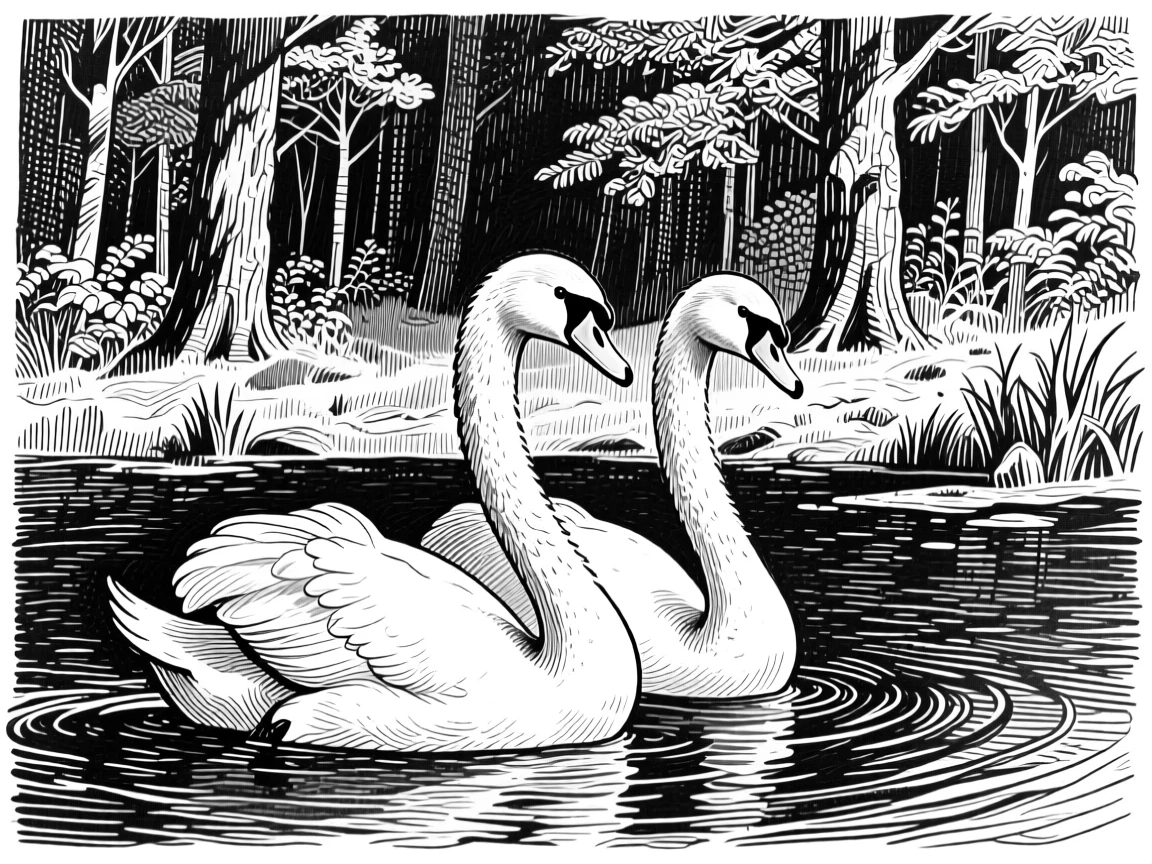 A pair of swans at the edge of a quiet forest, eyes alert and watchful, capturing a gentle and endearing moment in nature with a strong, centered focal point.