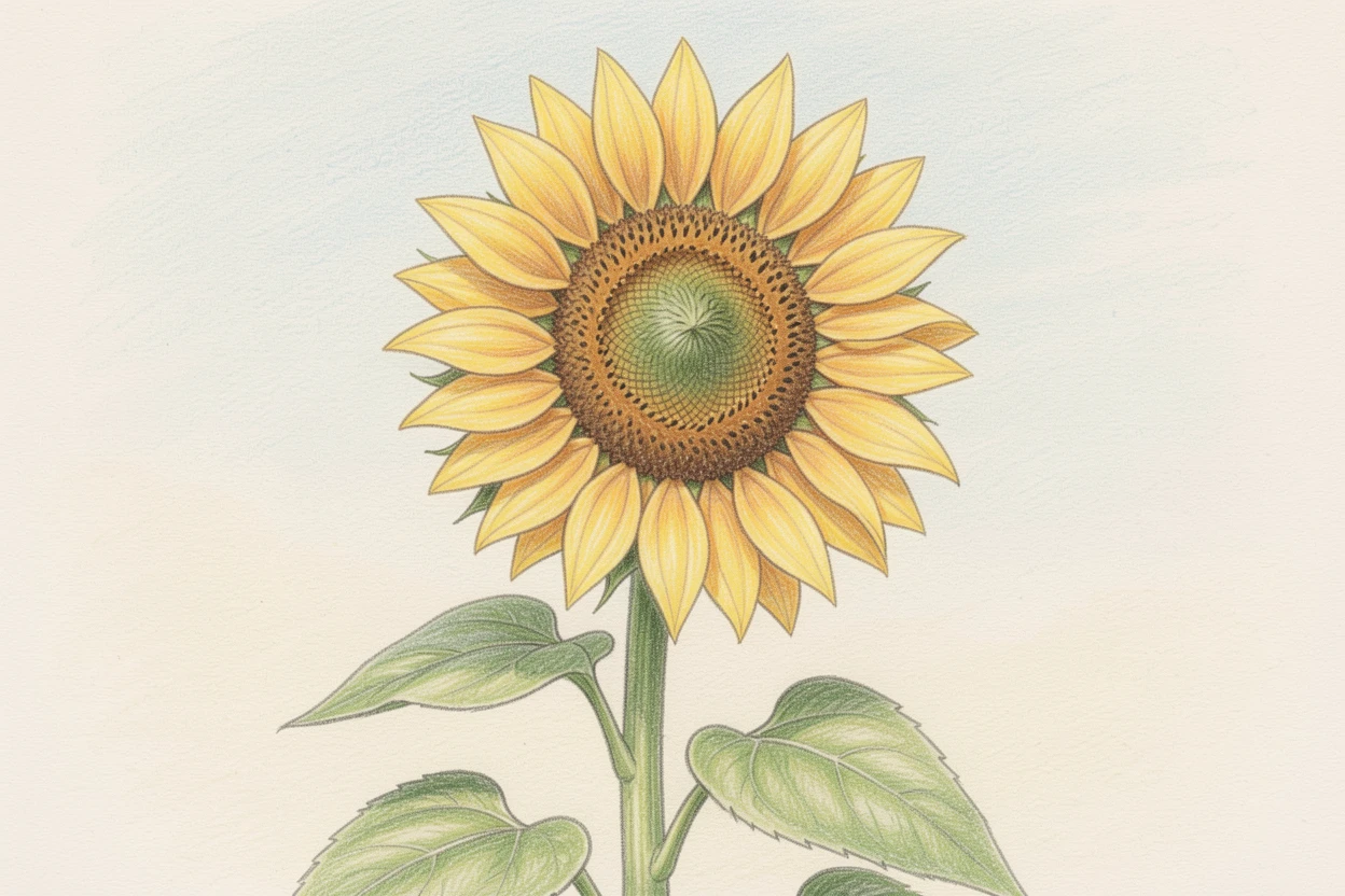A single sunflower standing tall against a summer sky, set against a simple, softly lit neutral background, celebrating nature's delicate artistry.