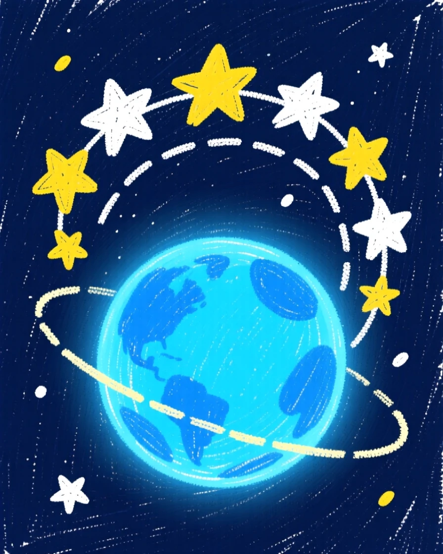 A fleet of stars orbiting gently above a glowing blue planet.