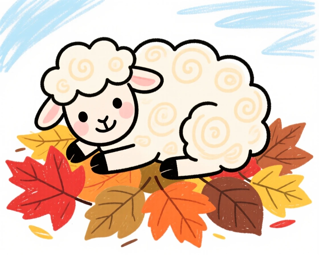 A woolly lamb curled up on a pile of autumn leaves.