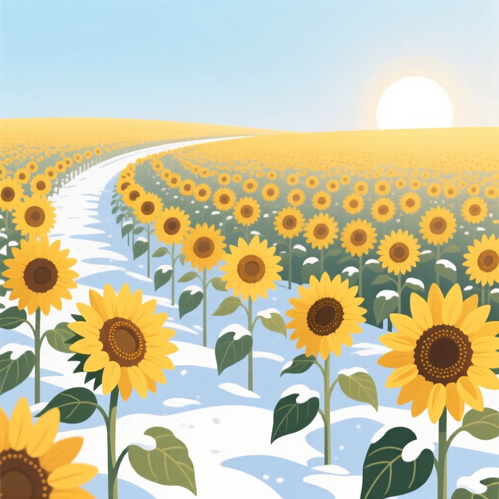 A field of sunflowers turned toward the morning sun, surrounded by a light dusting of fresh snow, captured with a gentle curve guiding the eye through the scene, with a fresh, crisp clarity that highlights every detail.