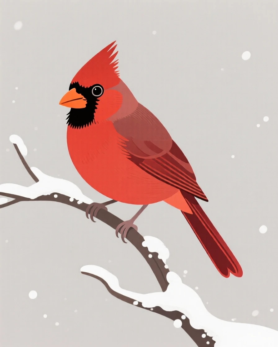 A curious cardinal perched on a snow-dusted branch, staring directly at the viewer.