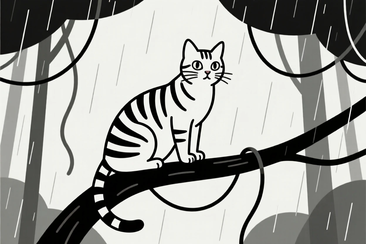 A curious tabby cat pausing in a rainforest canopy, with hanging vines in the background, radiating wild freedom.