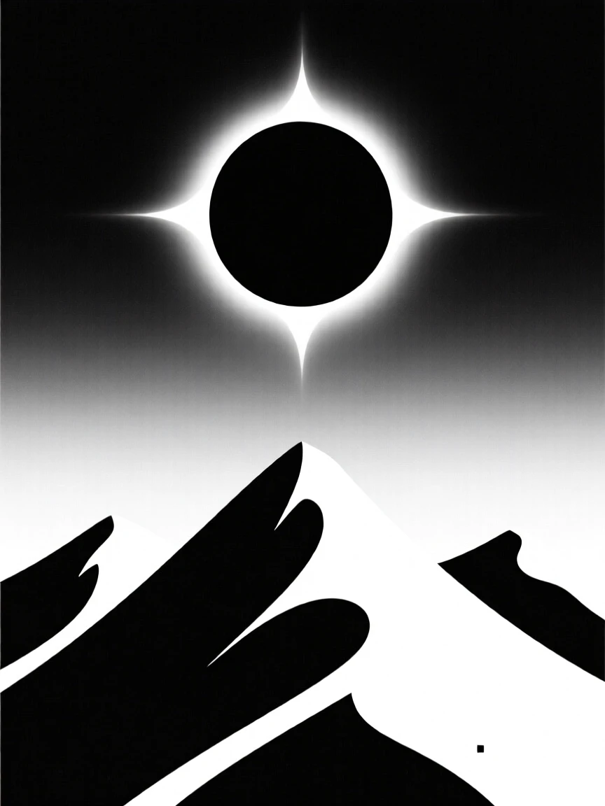 A solar eclipse darkening the sky over mountains.