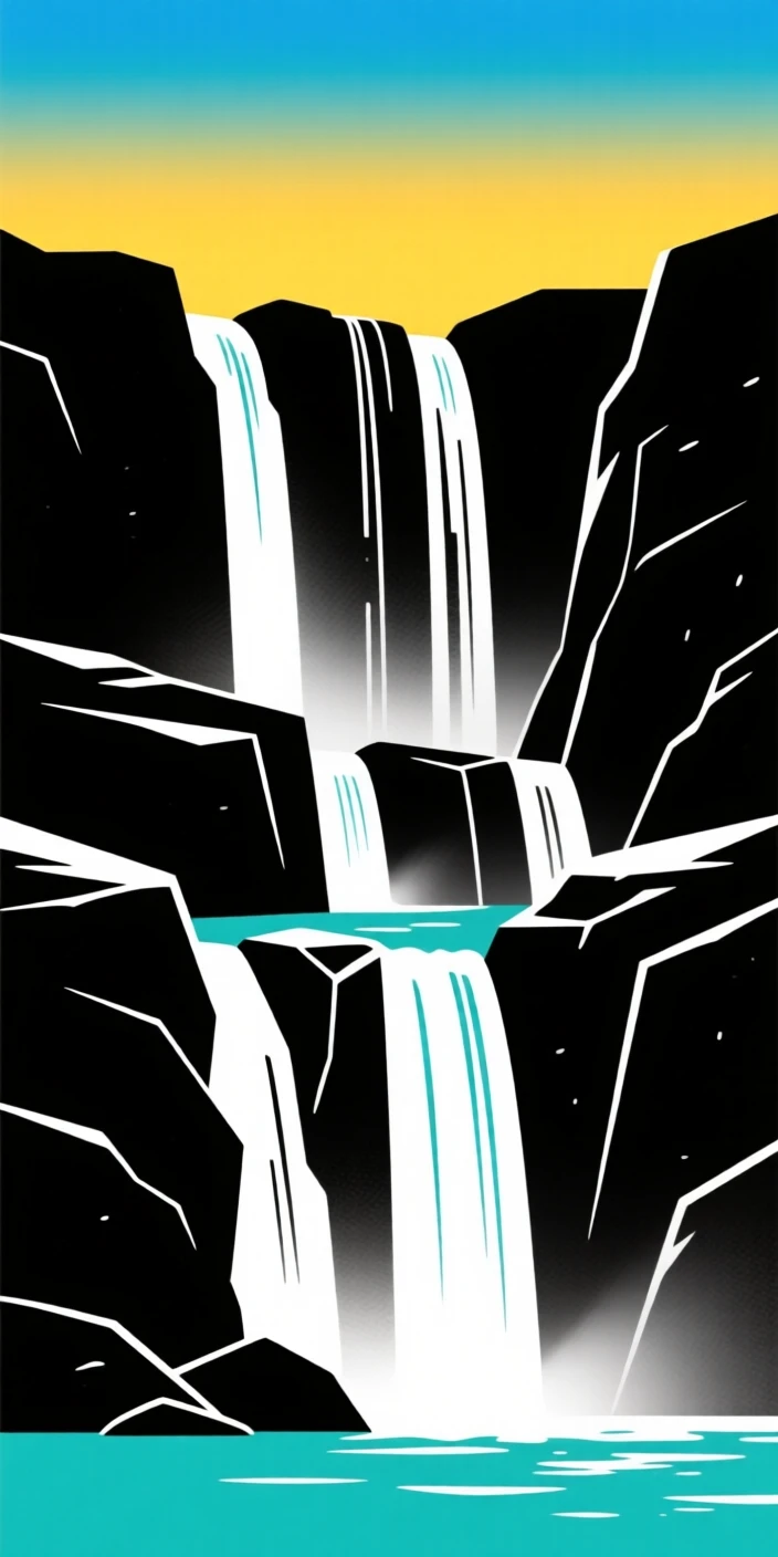 A waterfall splitting into multiple streams as it tumbles over layered rock.