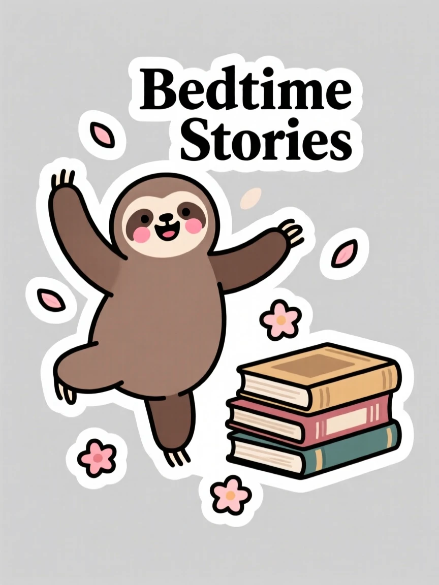 A blushing baby sloth dancing under falling petals, beside a stack of storybooks.