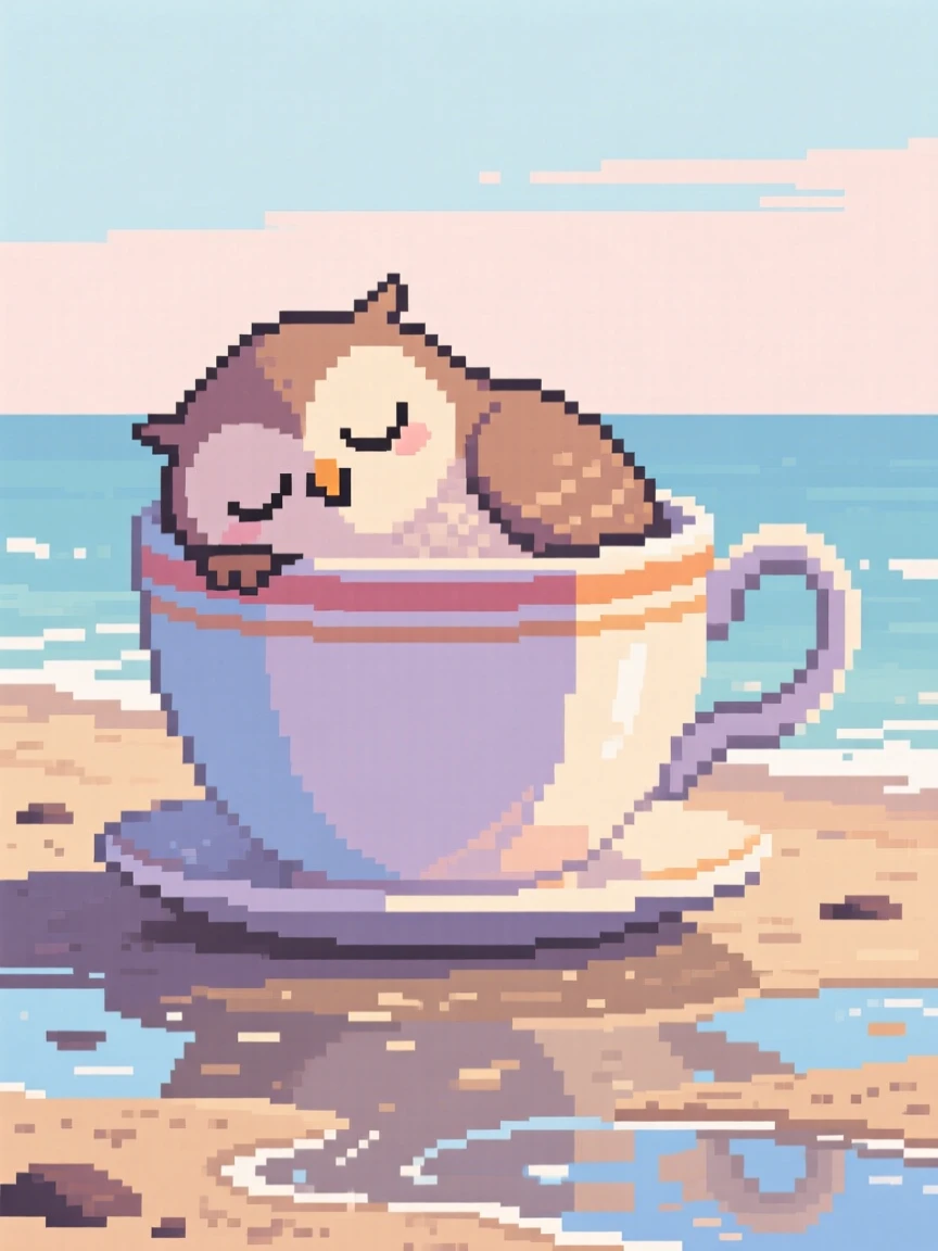 A fluffy owl chick napping inside a giant teacup, on a quiet beach at low tide.