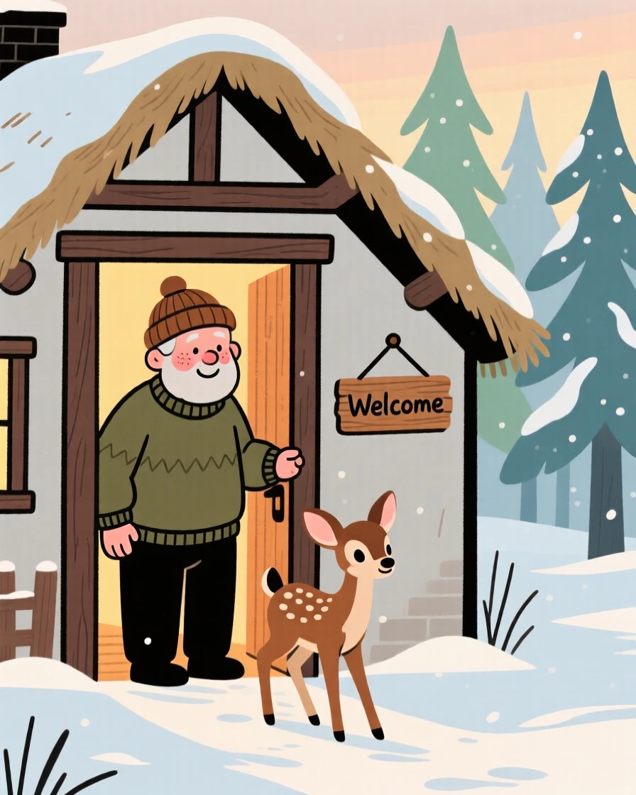 A kind old woodcutter stands at the door of a thatched cottage tucked into a snowy forest, welcoming a lost fawn inside from the cold.