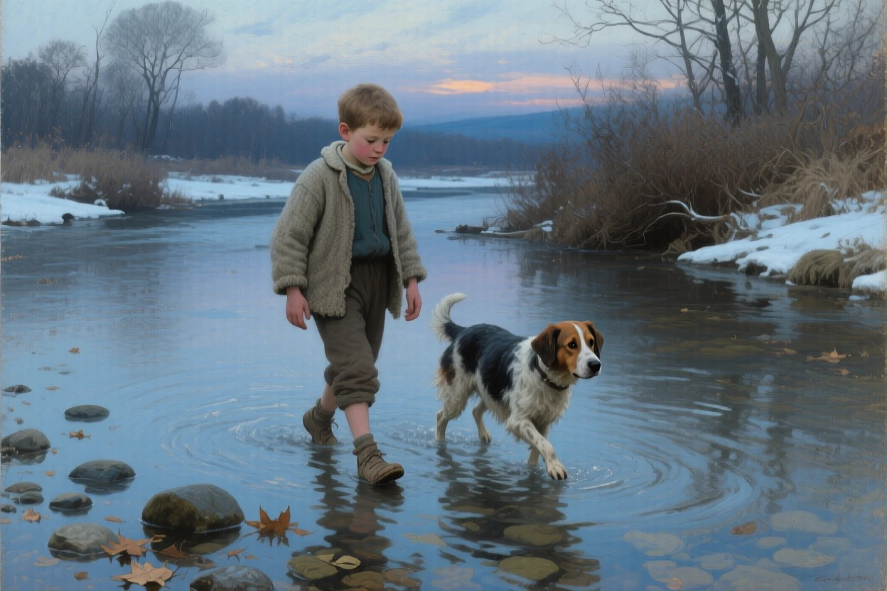 An intimate close-up of a boy and his dog wading through a shallow creek together, in the quiet stillness of midwinter, at twilight.