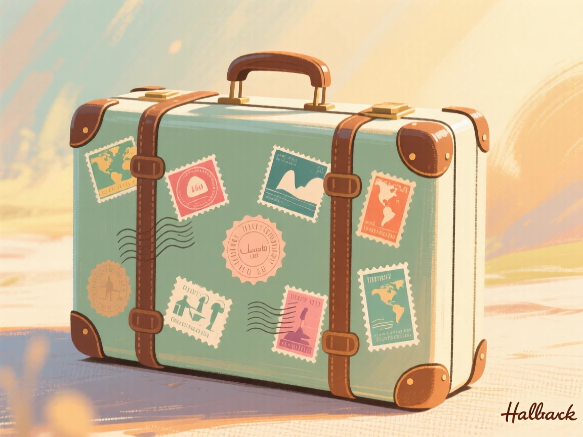 A traveler's suitcase covered in stamps from distant destinations