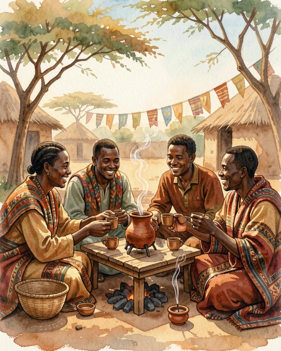 A traditional Ethiopian coffee ceremony with incense as the community gathers together in celebration.