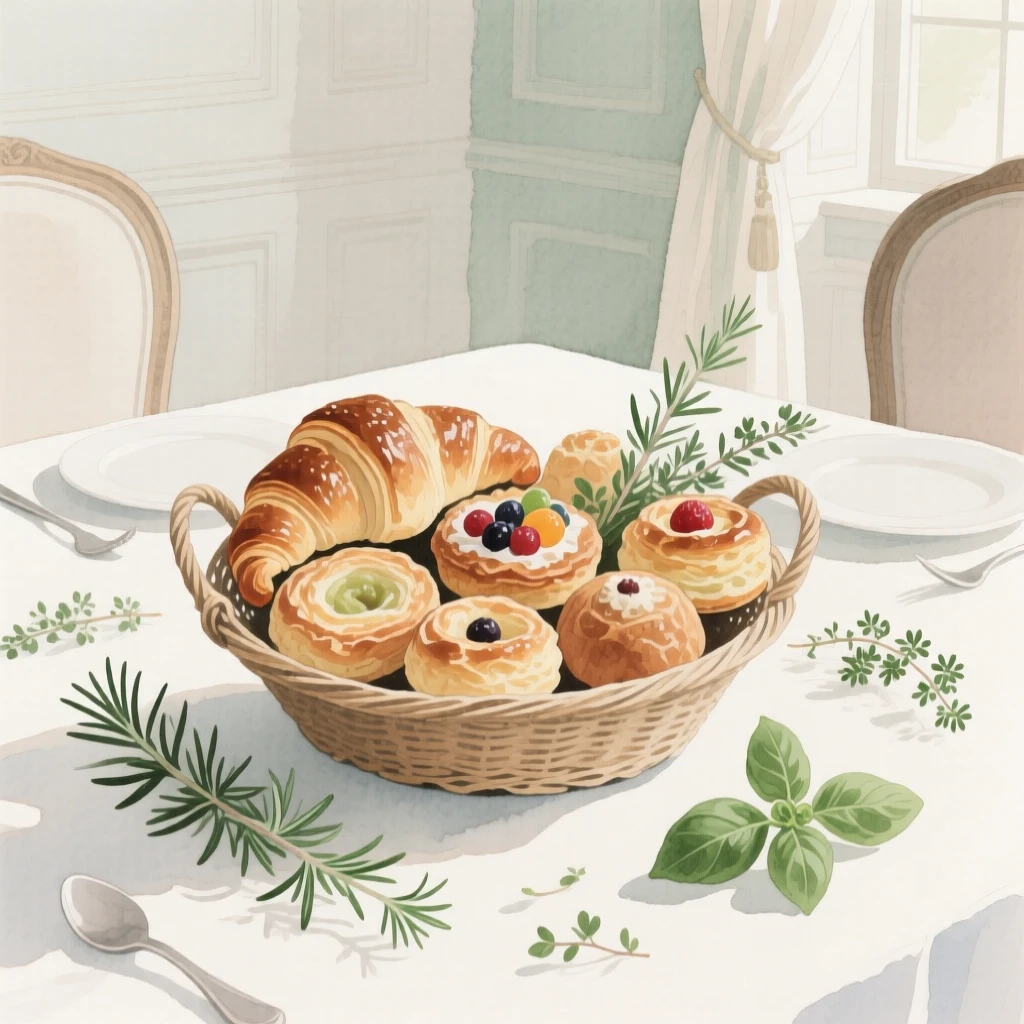 A basket of pastries sits with fresh herbs scattered around it in an elegant dining room, arranged beautifully for a delightful meal
