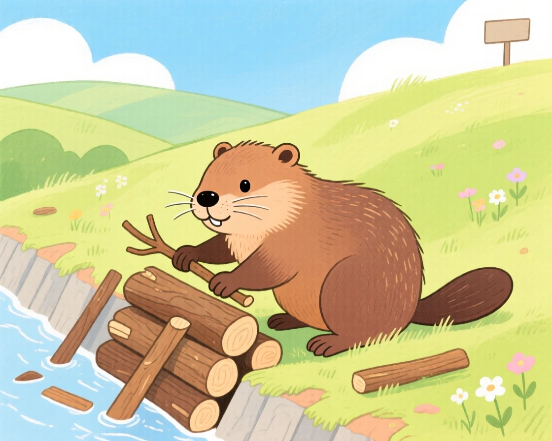 A close-up portrait of a beaver building a dam in a rolling green hillside.