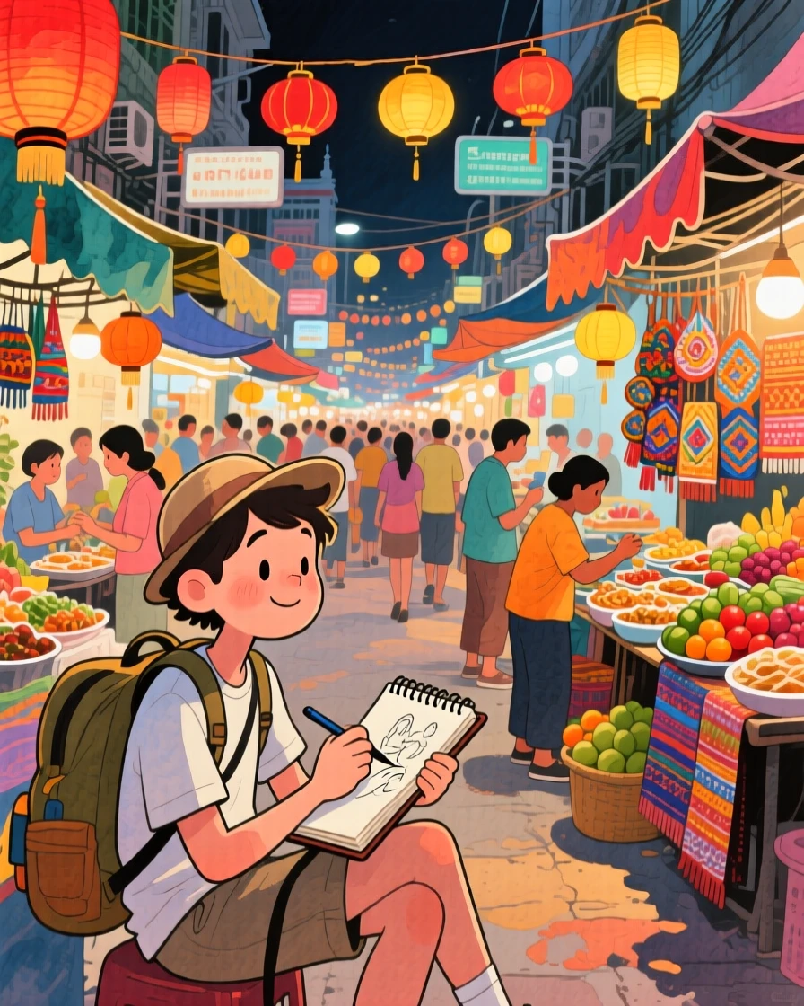 A solo traveler sits sketching in a small notebook amid a bustling night market in Bangkok strung with lanterns, evoking wanderlust and adventure.