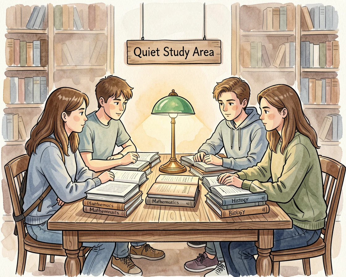 A group of students studying together at a library table stacked with books and warm lamplight