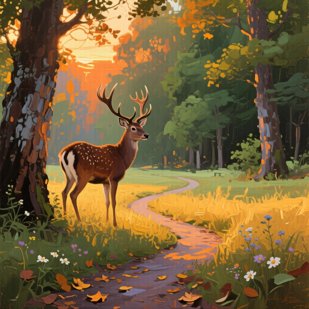 a deer standing at the edge of a quiet clearing, at the end of a warm day, composed along a natural leading line.