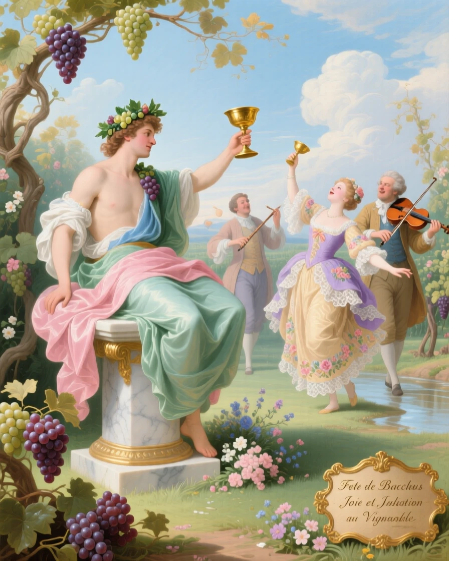 Bacchus presiding over a joyful vineyard feast with dancing revelers  