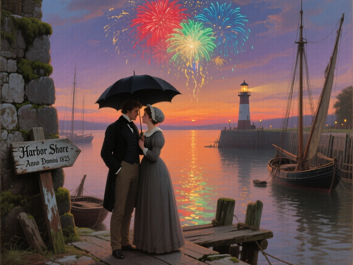 A couple share an umbrella beneath a harbor at dusk as fireworks light up the horizon.