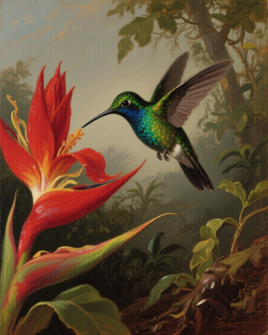 A hummingbird hovering beside a bright red tropical flower, captured in a fleeting moment of pure wild instinct, celebrating the raw beauty and dignity of the animal kingdom