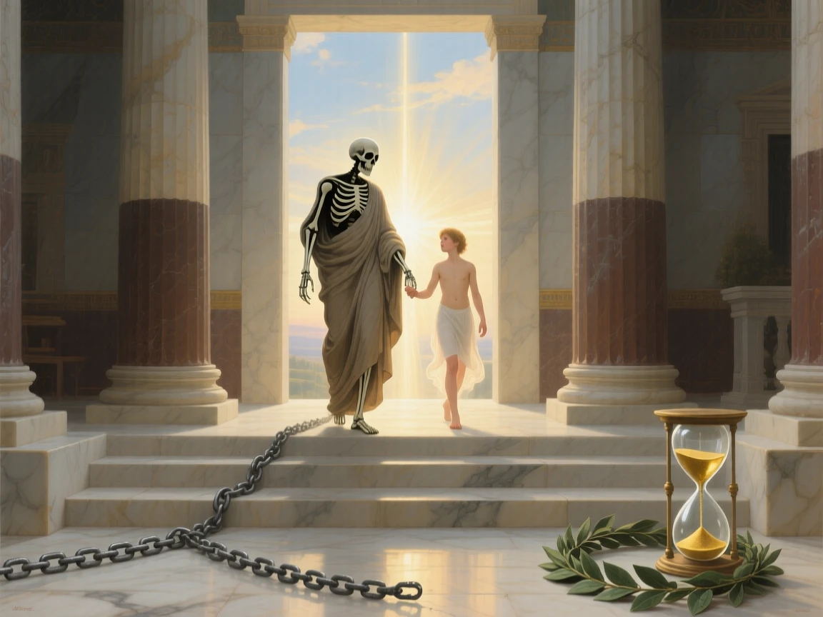 Death depicted as a gentle guide leading a soul toward the light at the threshold between the mortal and the eternal, set within a classical temple open to the heavens, with symbolic objects such as a broken chain, an hourglass, or a laurel wreath placed with quiet intention; radiating light from the central figure draws every eye inward, suggesting hope, transformation, and the endurance of the human spirit.
