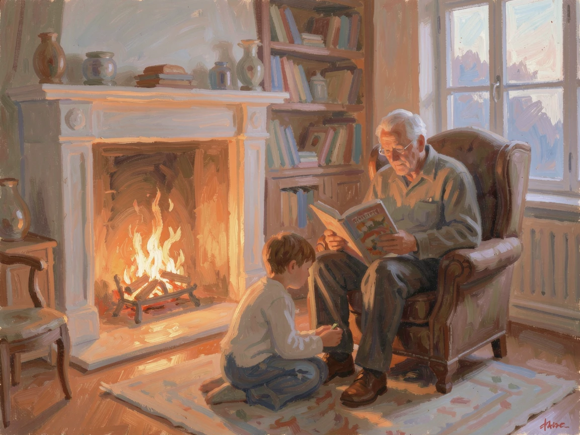A grandfather reading a bedtime story to two children by a crackling fireplace.