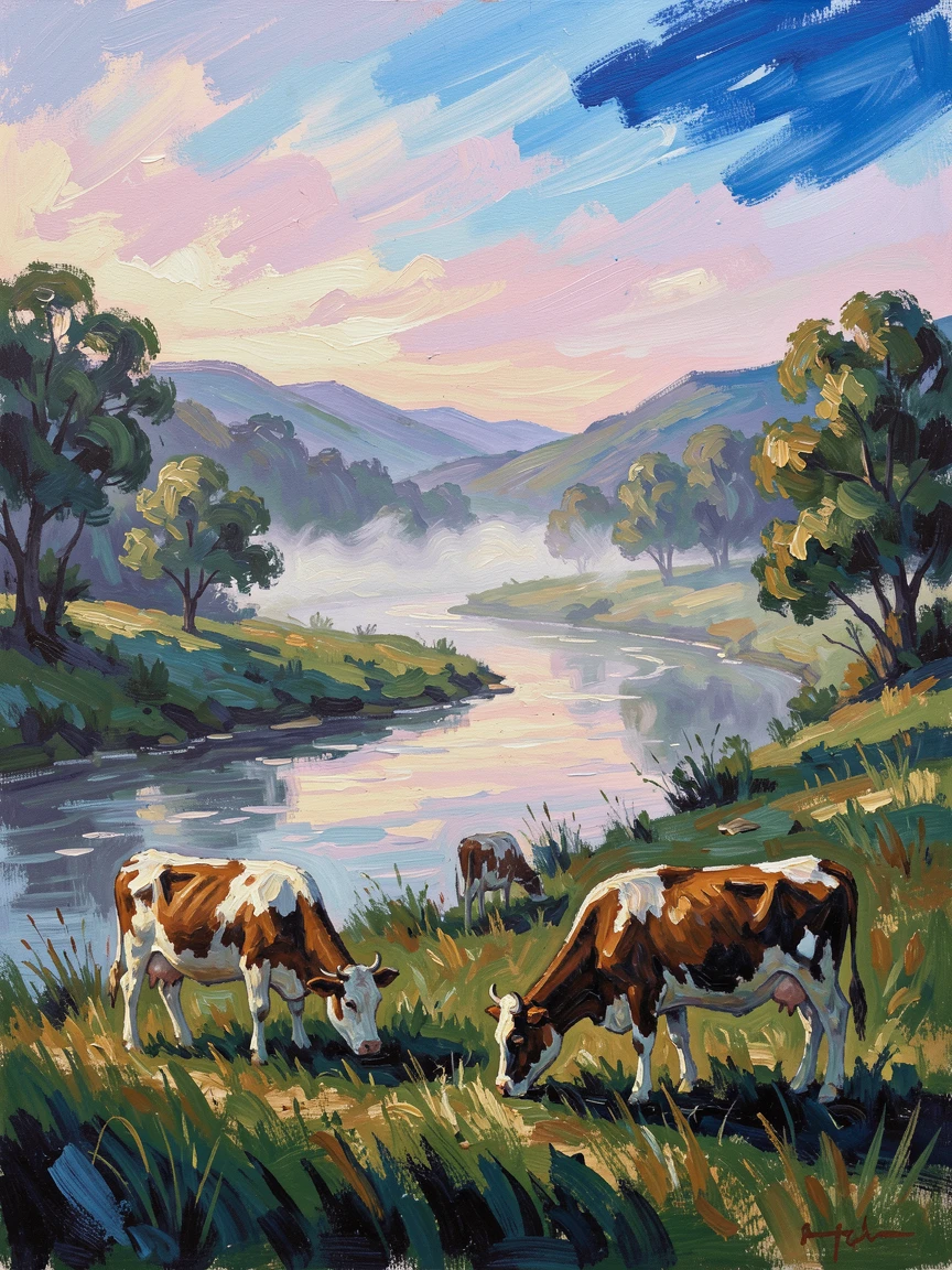 A tranquil river valley in early morning, cows grazing in the mist.