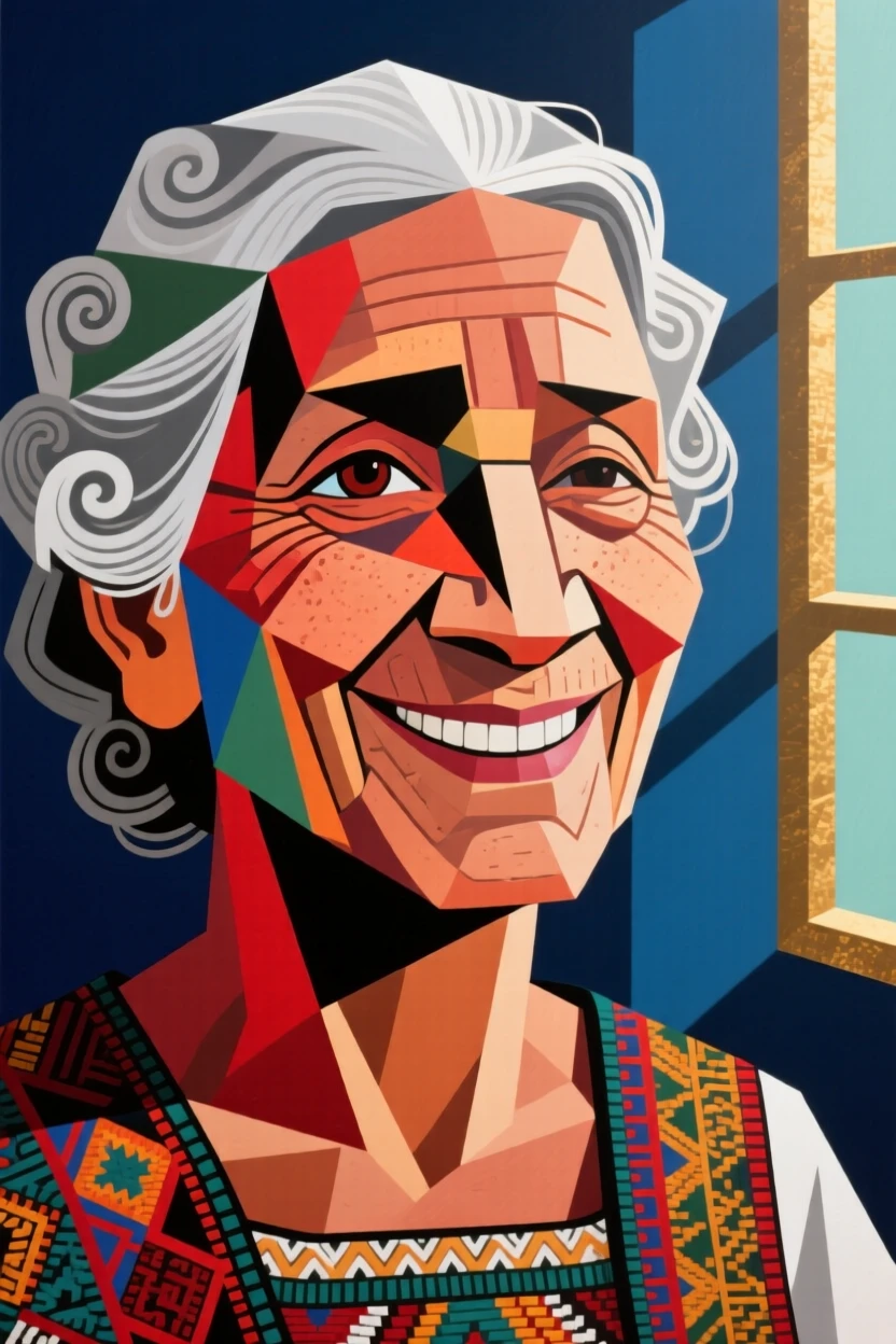 A close-up portrait of a grandmother of Mexican heritage, grinning with pride, in soft window light.