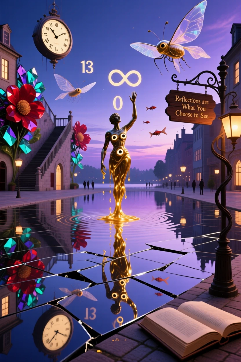 A town square paved with mirrors hovers just above a mirror-still lake, while a soft golden light seeps from every crack.