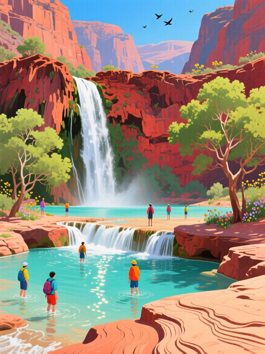 Havasu Falls spills turquoise water over red sandstone terraces in the Grand Canyon, hikers wading in the pools below, cottonwood trees providing patches of shade, a sense of vast scale emphasized by tiny details that anchor the eye at the edges of the frame.