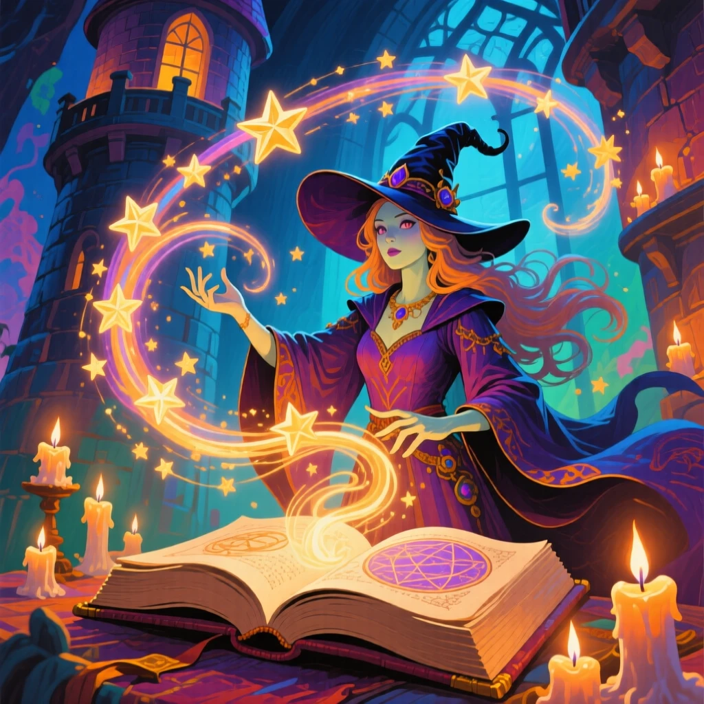 A sorceress conjuring a swirl of stars and light above an open spellbook in a candlelit tower