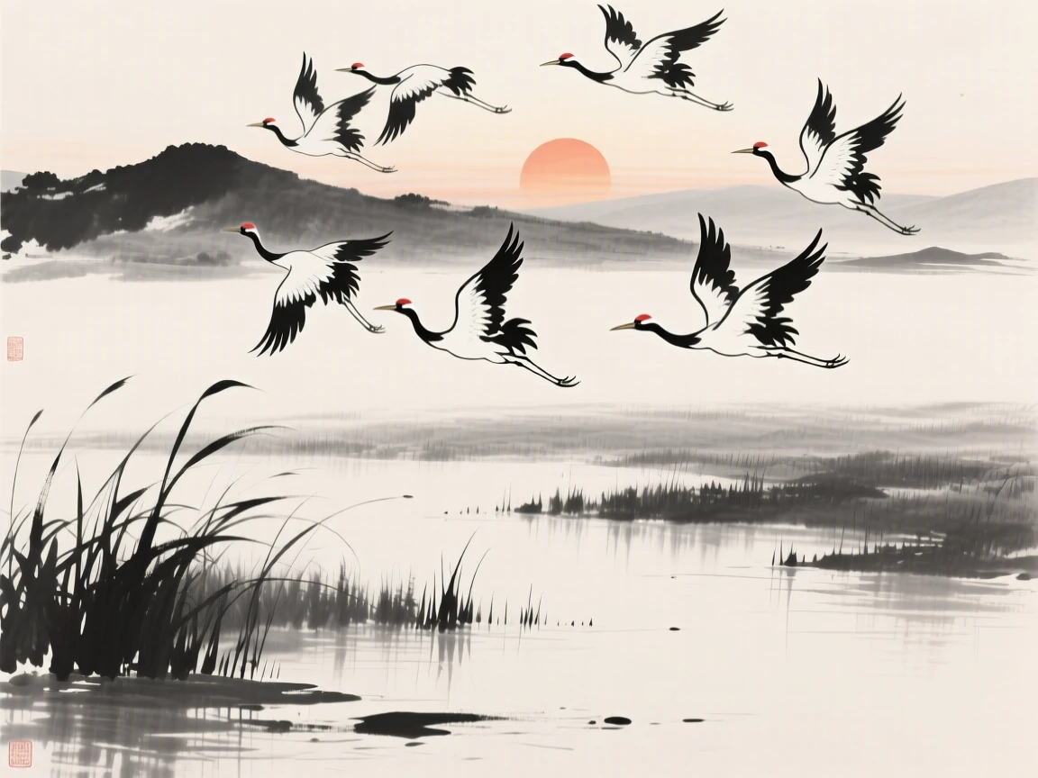 A flock of cranes circles above a quiet wetland, as the sun rises over distant hills.