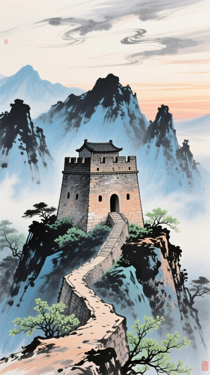 An old stone watchtower standing guard over a mountain pass, under a sky streaked with clouds, in early spring, at dawn.