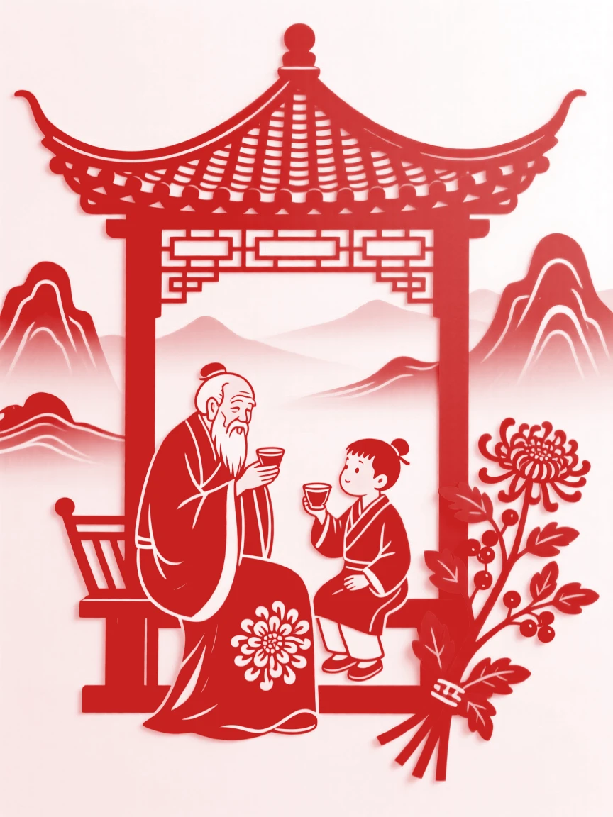 An old man and his grandson sipping chrysanthemum wine on a pavilion overlooking misty peaks, a cluster of dogwood sprigs tied to the railing beside them