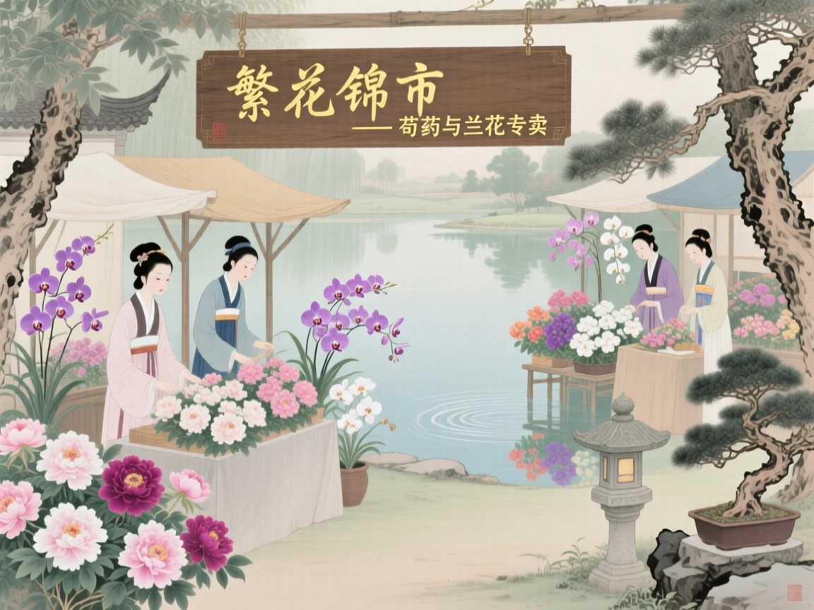 A flower fair filled with vendors selling peonies and orchids, reflected in the still water of a nearby pond
