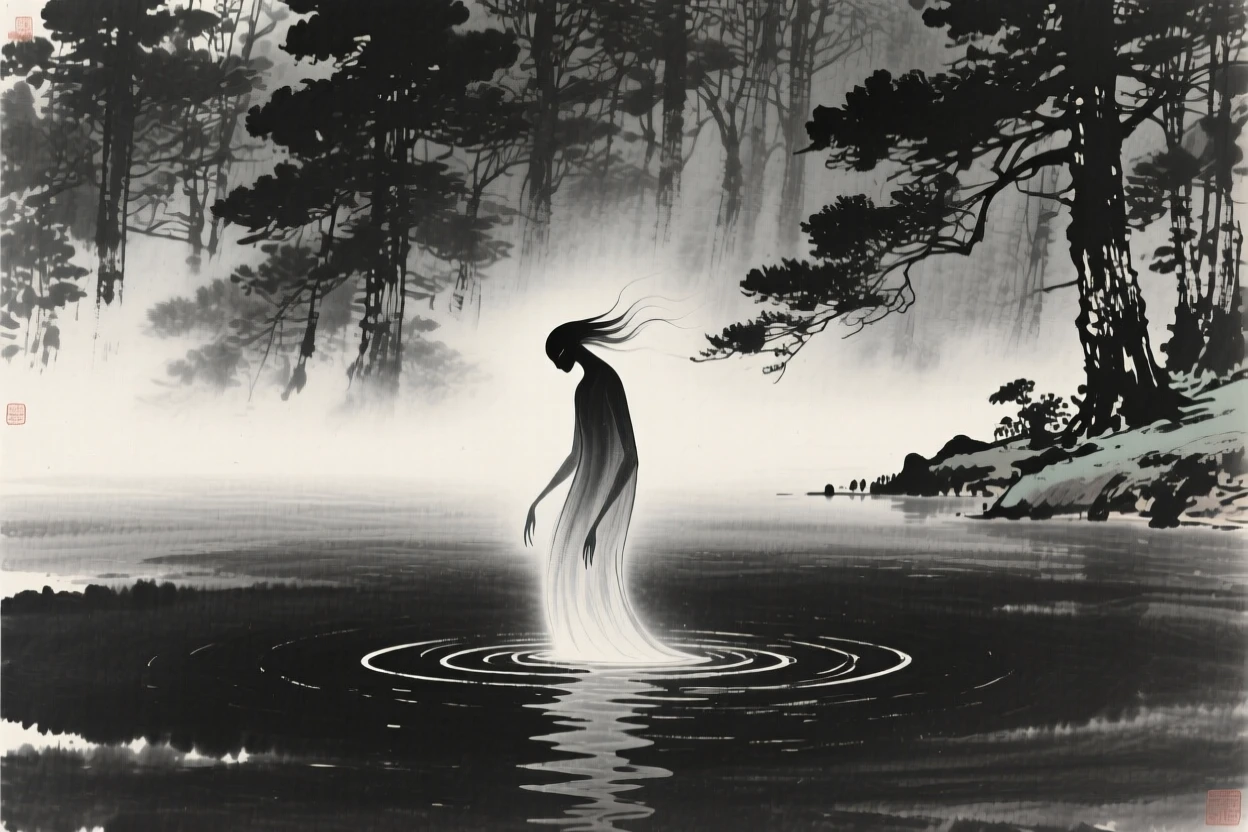 A water spirit emerging gently from a still lake within an ancient, mist-filled forest, balanced with soft negative space around the central figure, conveying graceful power and serene majesty.