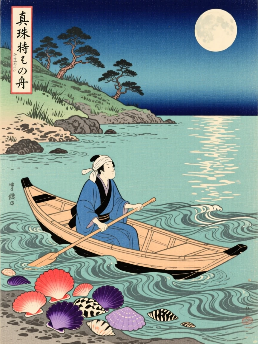 A pearl diver's boat near a scatter of colorful shells, under a full moon.