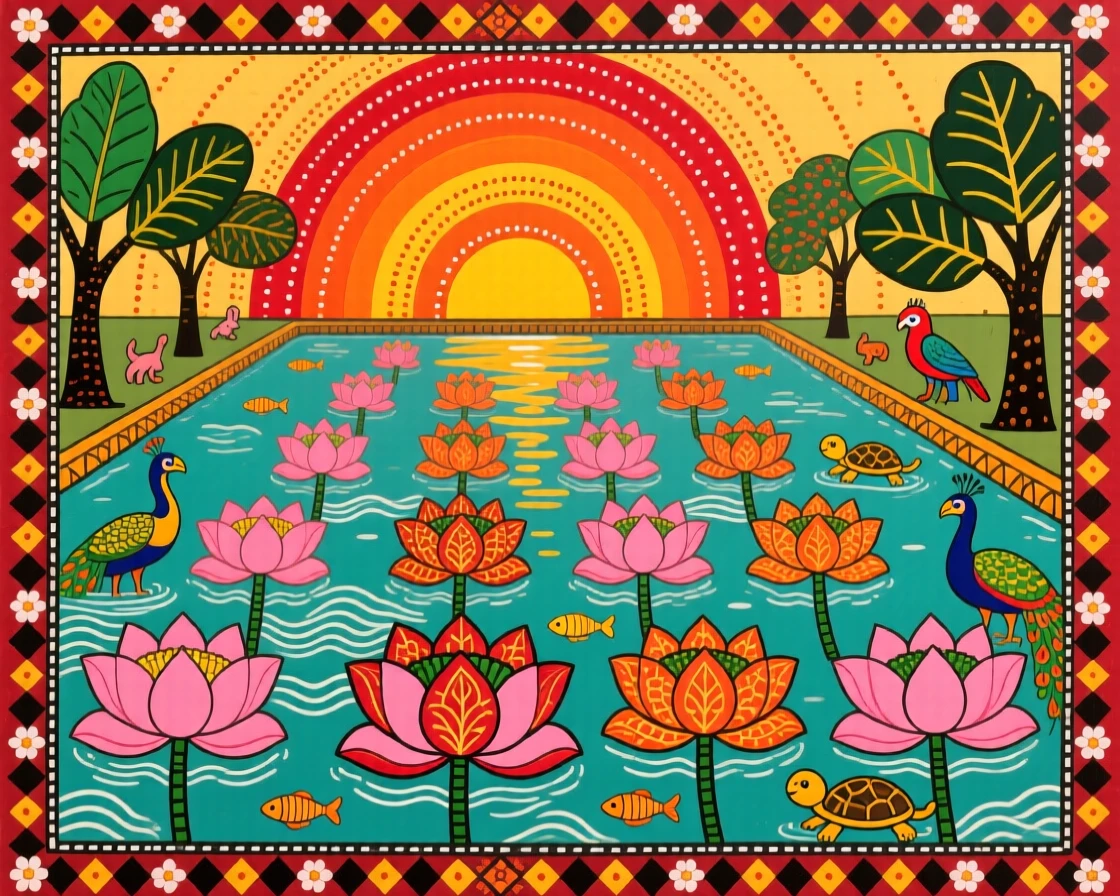 Rows of lotus flowers opening at sunrise across a wide temple tank.