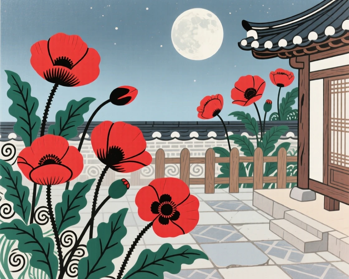 Poppies swaying in a meadow in a moonlit courtyard.