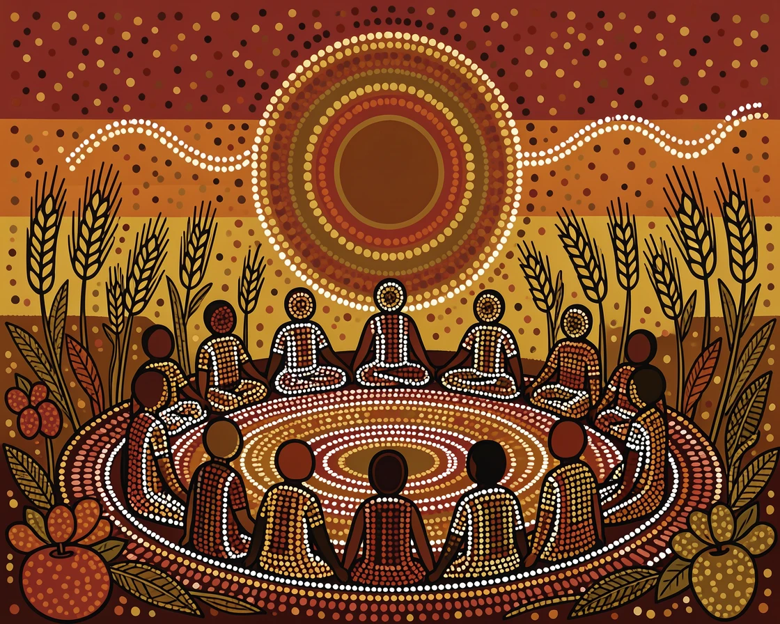A community gathering for a harvest celebration at sunset