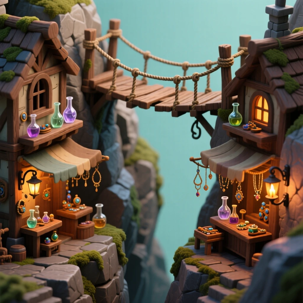 A goblin market village built into a ravine, with rope-strung shops selling odd trinkets, torchlight flickering, and a rickety wooden bridge crossing overhead.