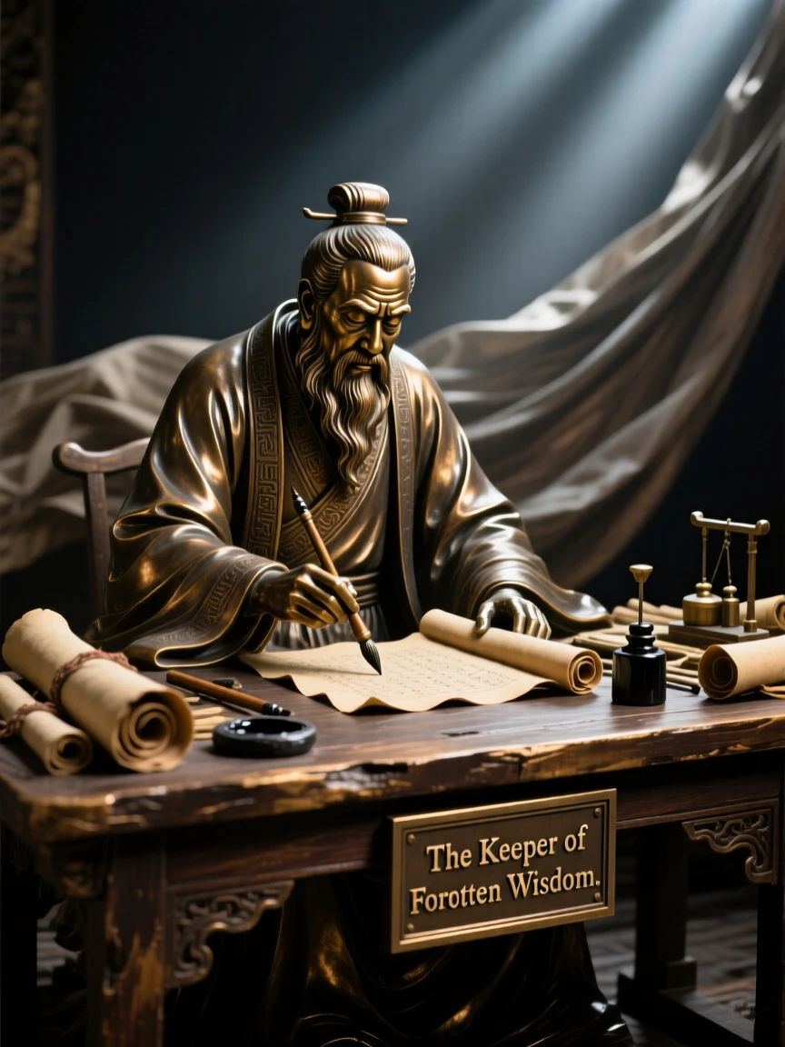 An ancient scholar deciphering forgotten scrolls, bathed in dramatic, atmospheric light, evoking legend and timeless drama