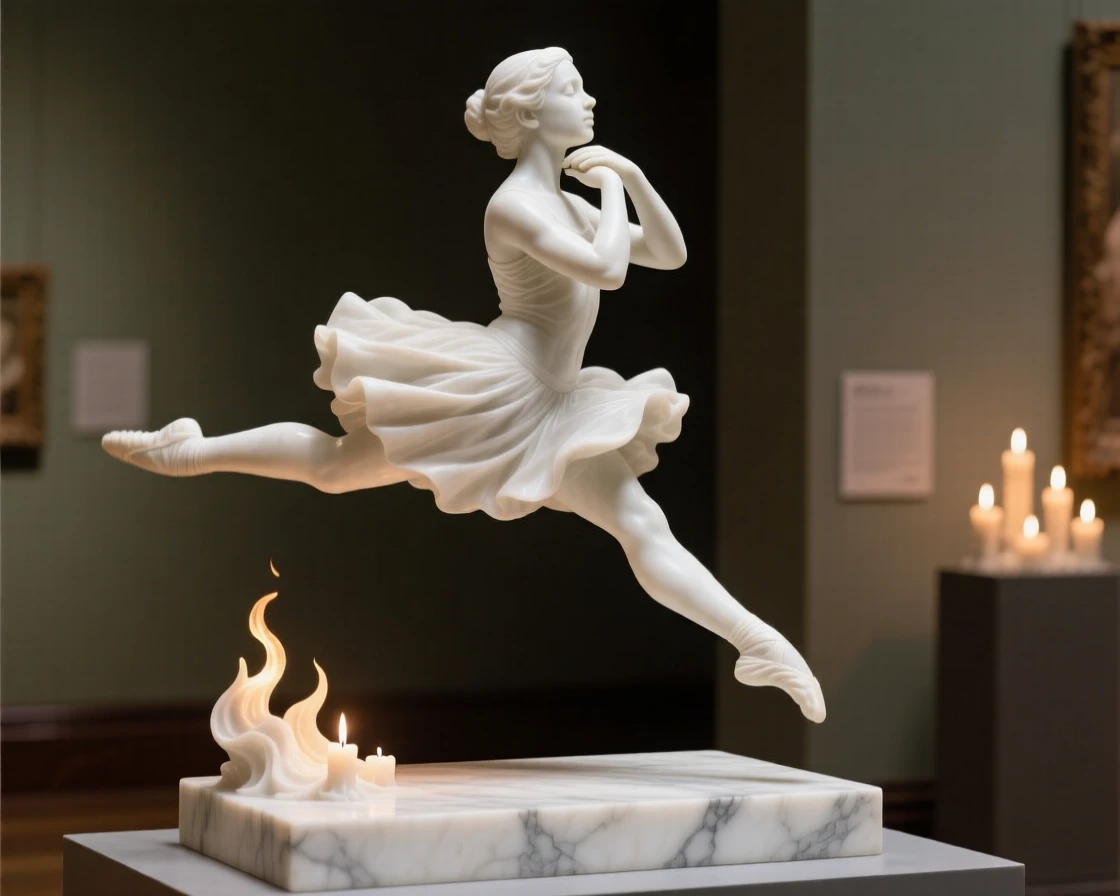 A tender portrait of a young dancer mid-leap, resting chin on folded hands, framed by soft candlelight, evoking warmth and humanity