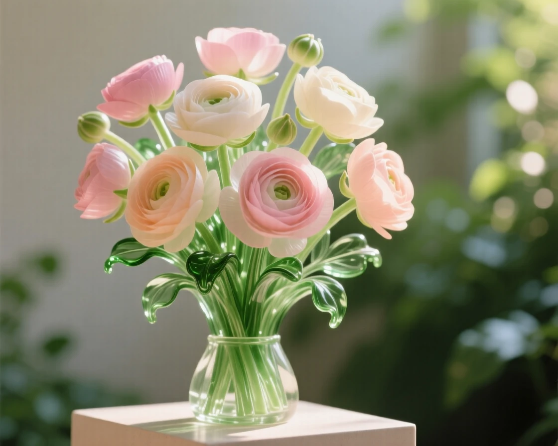 A bouquet of pastel ranunculus in a lush garden setting with soft green foliage behind, gentle afternoon light, feeling romantic and inviting.