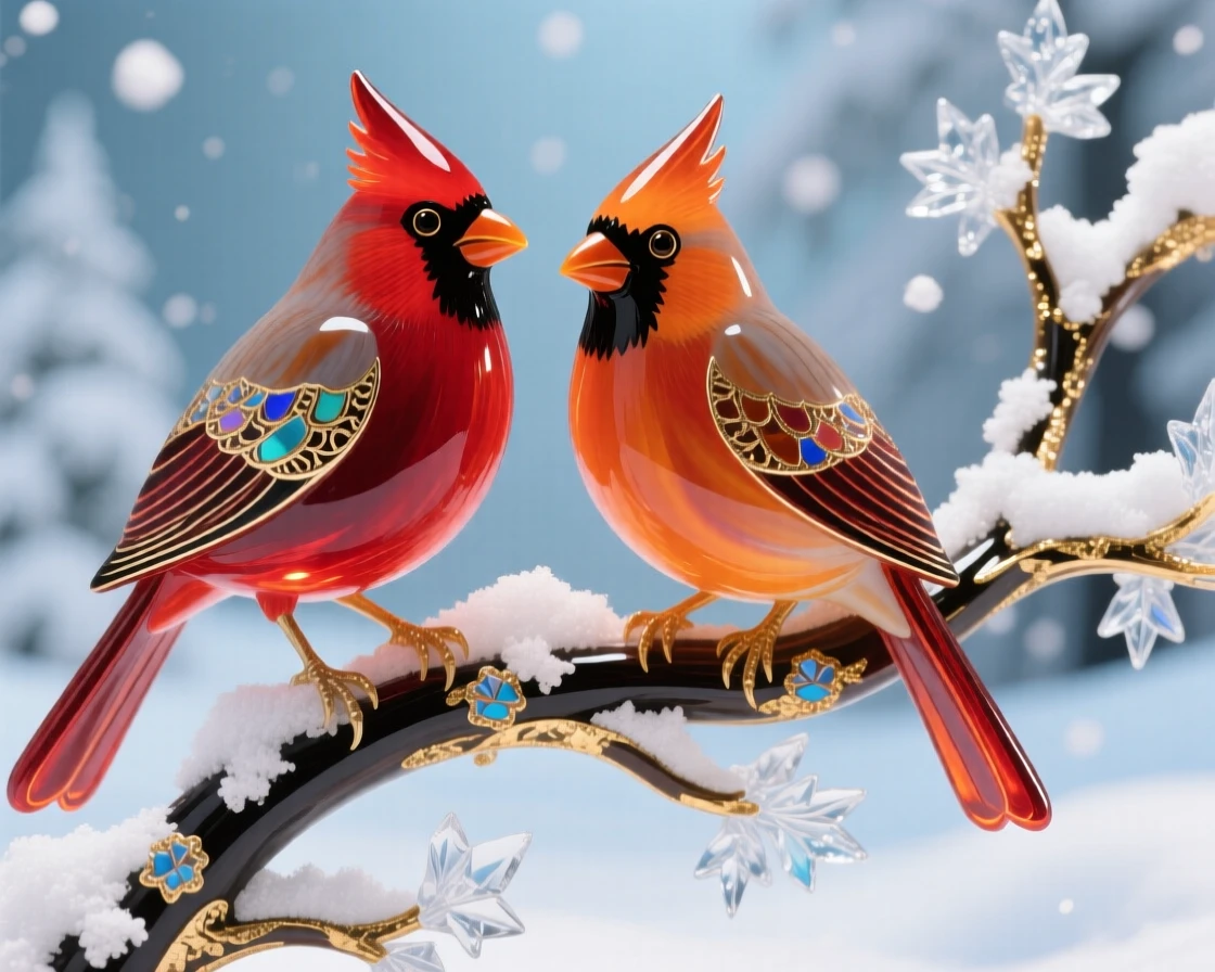 A pair of cardinals perched on a snow-laden branch in winter, vivid and cheerful.