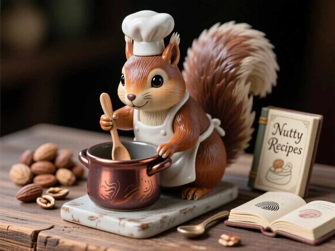 A squirrel chef stirring a tiny pot frozen in a moment of quiet, gentle mischief, surrounded by tiny, carefully placed props, evoking childlike wonder and gentle humor.