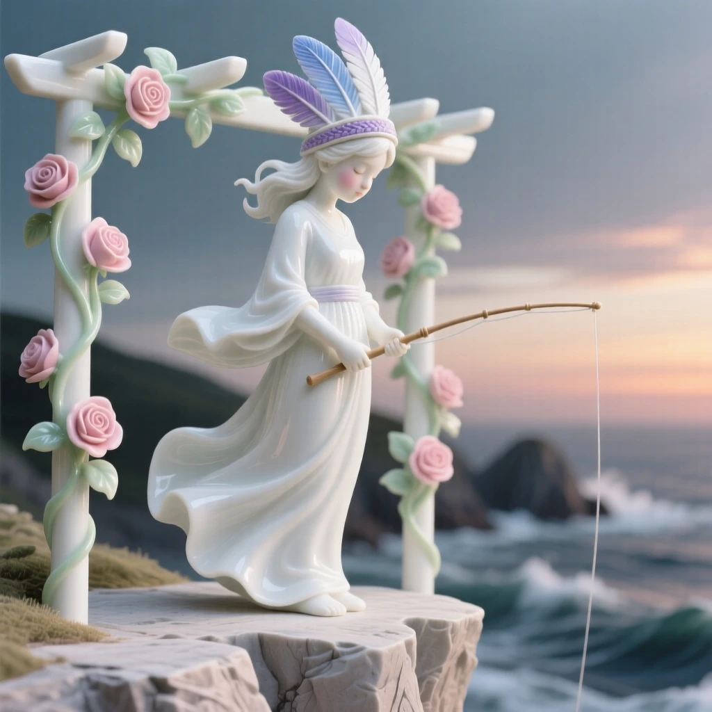A fisherman's daughter standing atop a windswept cliff, wearing a feathered ceremonial headdress, her gaze lowered in quiet grace, set against a rose-covered pergola at sunset.