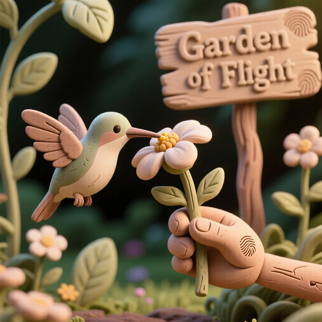 A hummingbird drinking from a hand-held flower in a garden