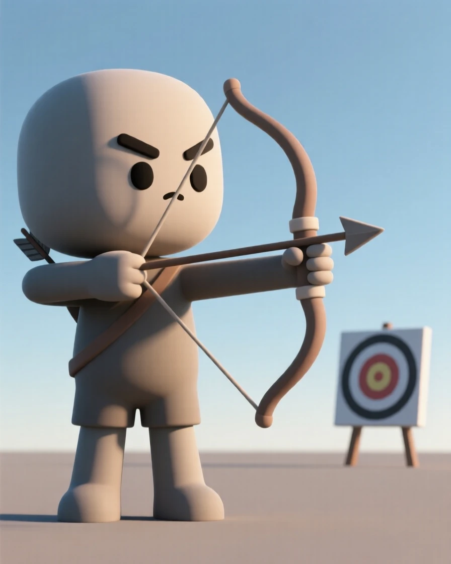 A determined archer draws back a bowstring with steady focus, arrow aimed toward a distant target under open sky.