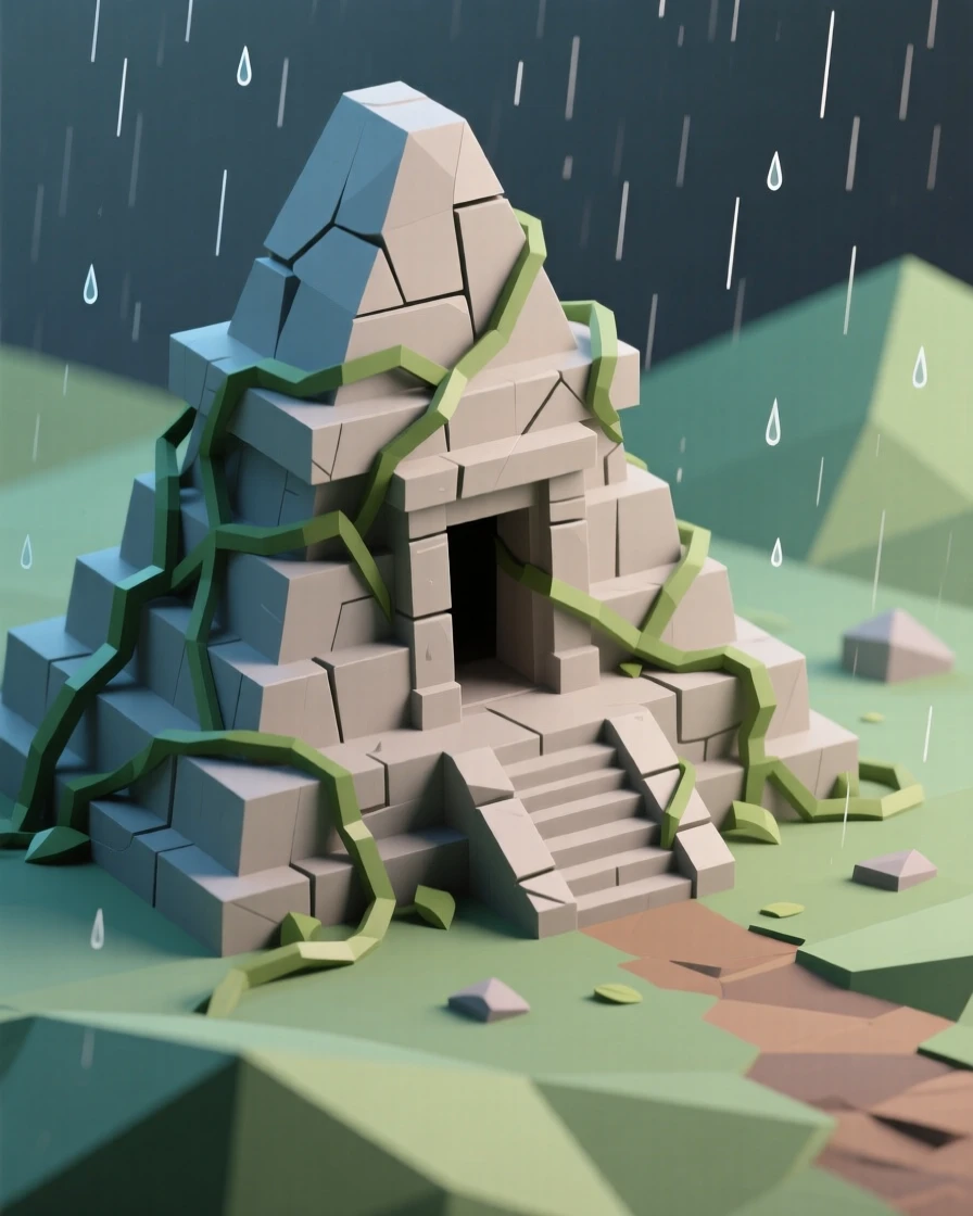 An ancient stone temple wrapped in jungle vines, under a gentle evening rain. the framing draws the eye along a natural leading line. It captures a feeling of quiet discovery.