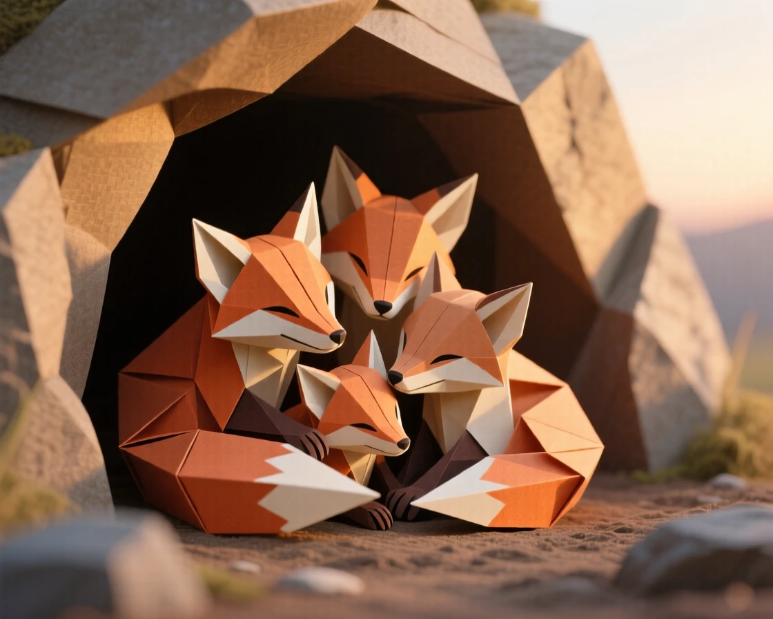 A baby fox family curled together in a den entrance at first light.
